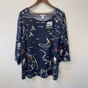 Charter Club Shirt Top Womens Size 2X Blue Nantucket Print Coastal Beachy New